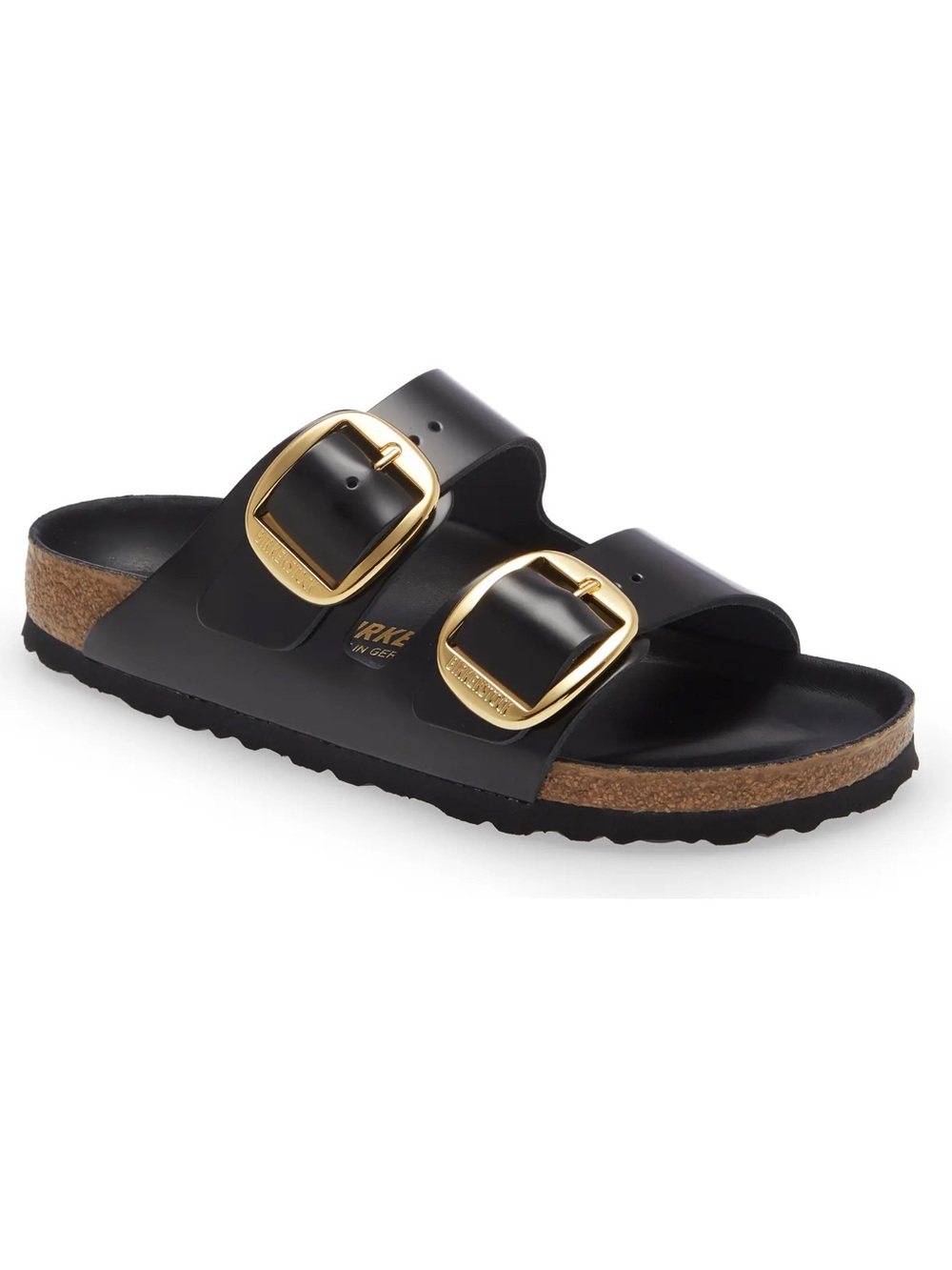 Birkenstock Black Leather Two-Buckle Sandal with Gold Buckles